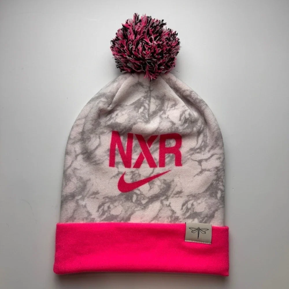 Nike Peak Beanie Reversible Pink Grey Marble Pom Pom Knit Hat NXR Nike Run